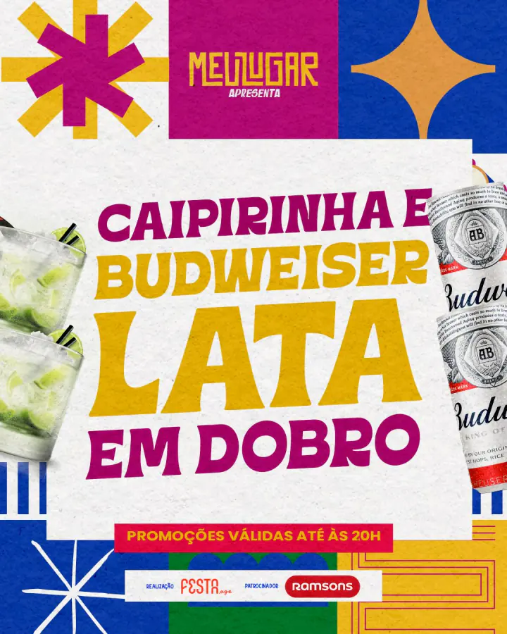 Arte oficial do I Love 90 com fotos de caipirinhas e latas de Budweiser: bebidas em dobro até as 20h